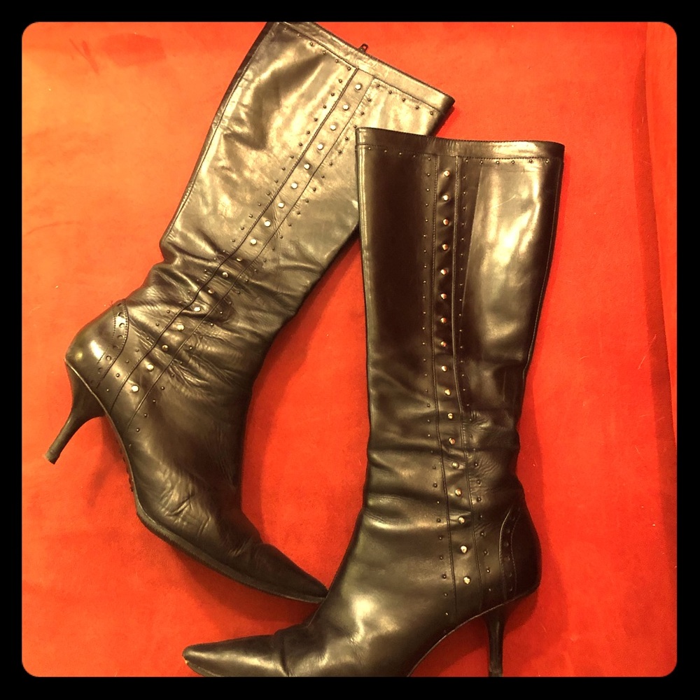 Michael Kors Black Leather Studs Heeled Boots